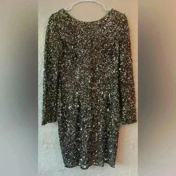 Adrianna Papell Scoop Back Sequin Long Sleeve Dress in Lead #N377; size 8 - Picture 3 of 10